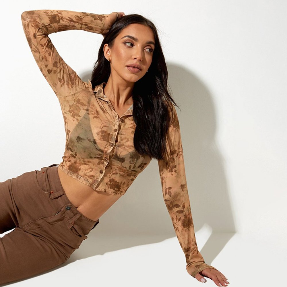 FALL PRINT SEE-THROUGH LONG SLEEVE CROP TOP